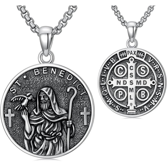 SOULMEET St Benedict Medal Pendant Necklace 925 Sterling Silver Catholic Patron Saint Benedict Pendant Religion Jewelry for Men Women, Stainless Steel Chain 22" 2"
