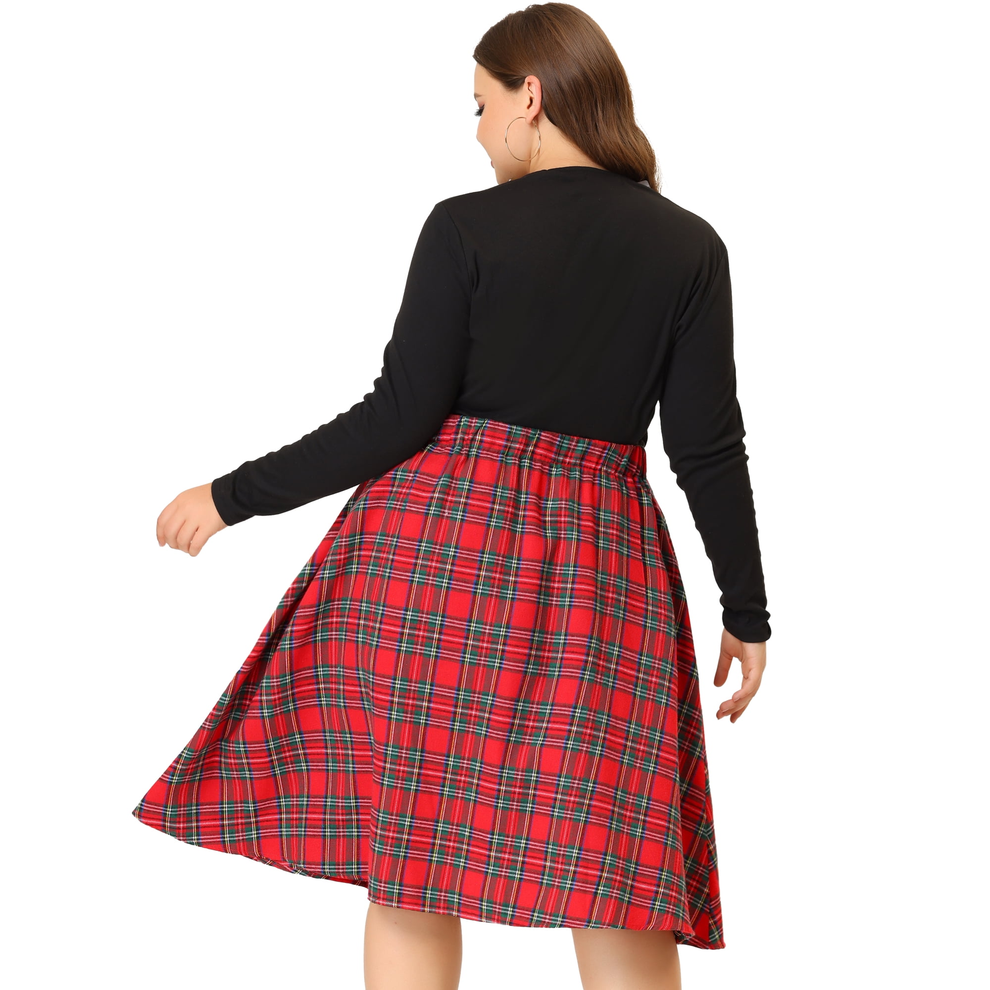 Unique Bargains Plus Size Velvet Skirts For Women A Line Knee Length Plaid Print Flare Skirt Red 4x Red