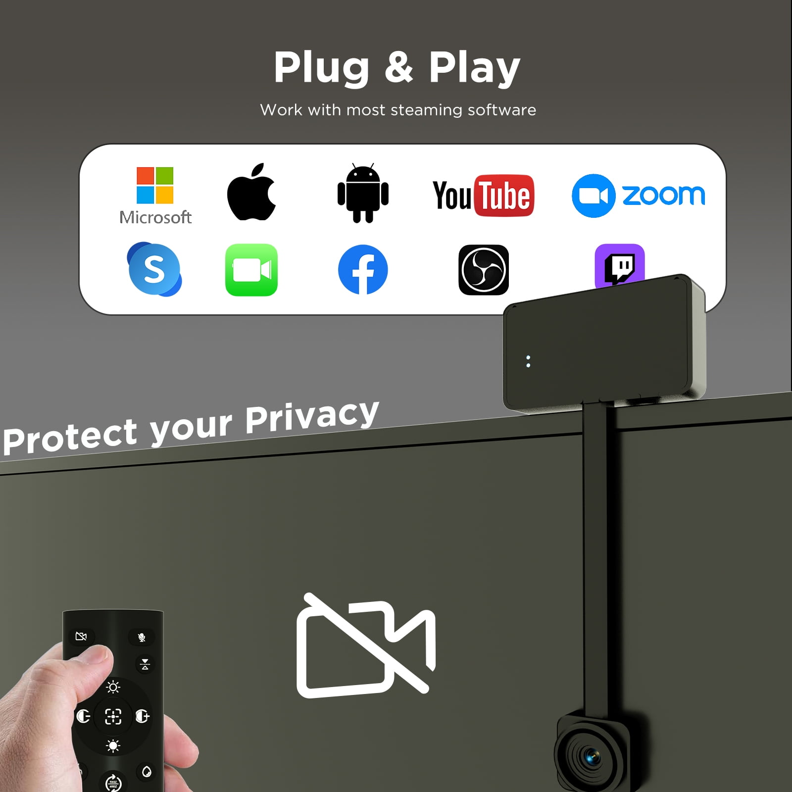 4K Webcam for PC with Remote Control, Ultra HD 1/2.55'' Sensor, Autofocus, 10x Digital Zoom, Low Light Performance, Streaming Camera for PC/Video Calling/Zoom/Skype/Teams