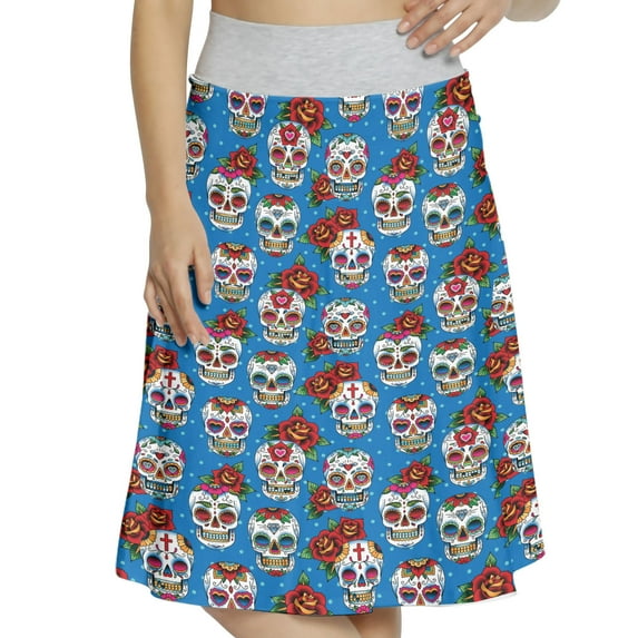 Women's Skull Hearts and Leaves Skeleton A-line Printed Skirt Casual Wear, XL, Blue Multicolor, by Ambesonne