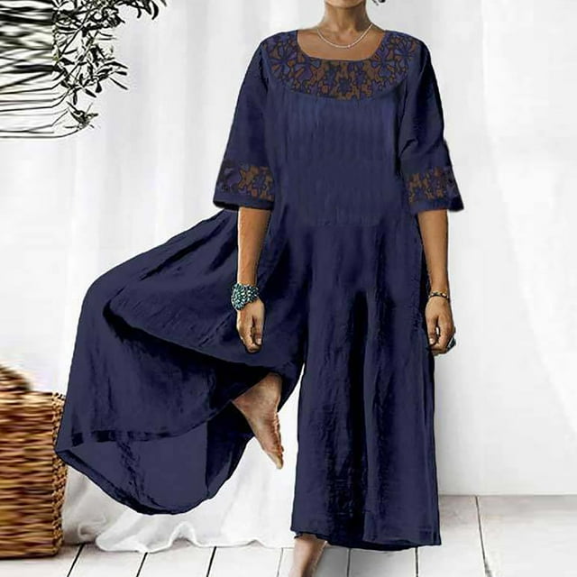 ICHUANYI Liquidación Mujer Casual Sólido Cuello vuelto Algodón Lino Mameluco Traje largo Mono con cremallera ICHUANYI WER202308251401