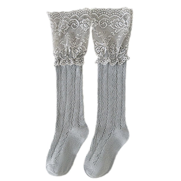 Lace Trimmed Mesh Knee Socks for Girls Soft Cotton Stretch Wear In Tube Socks Stackable for Play & Dress Up White XL