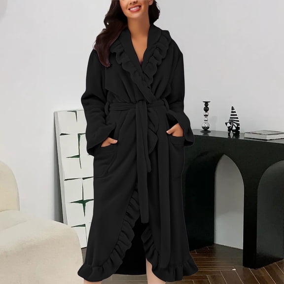 MVRLSH Robes For Women Hooded Fleece Plush Lightweight Bathrobe House Coat Sauna Gown With Pockets And Belted Black S-Xl