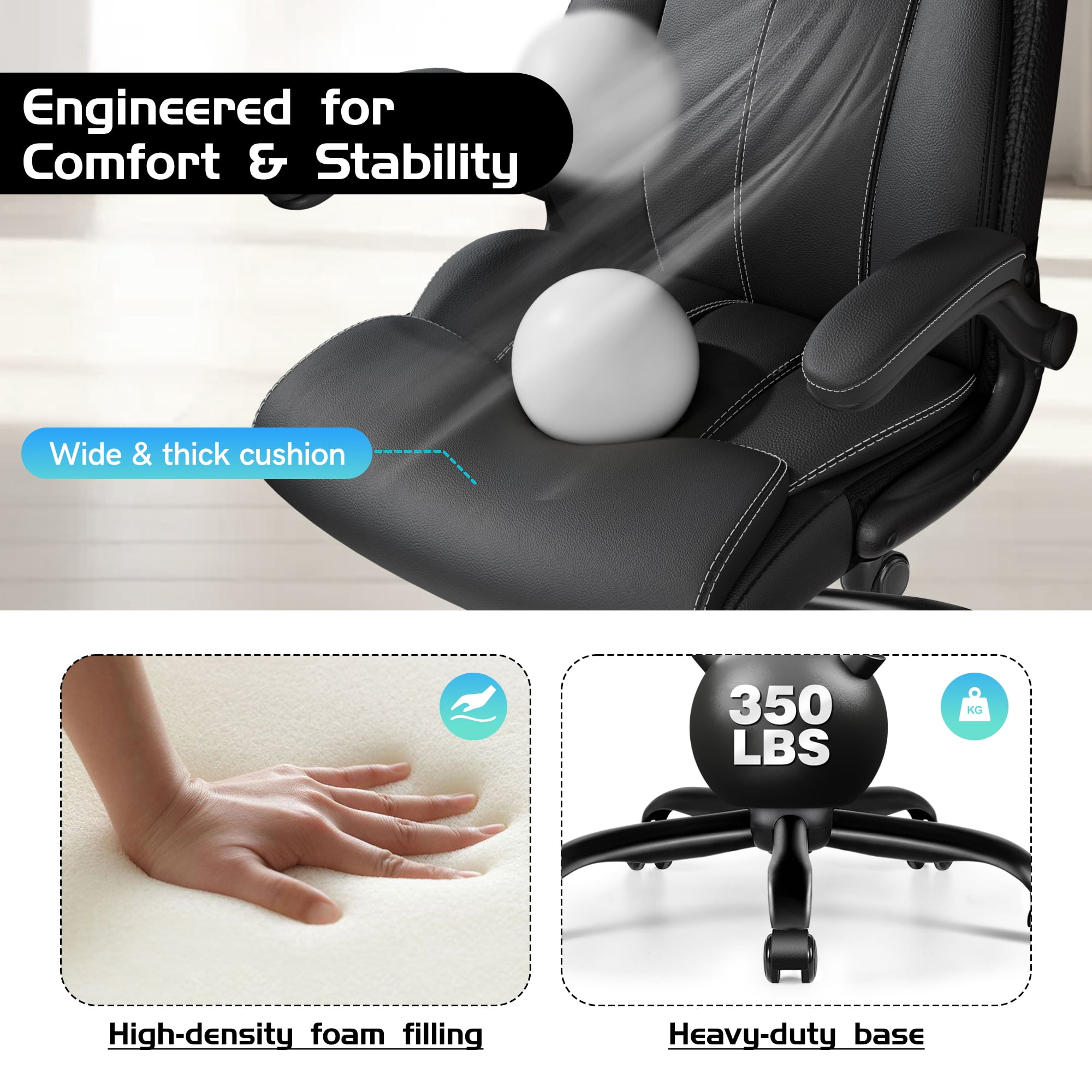 COOLHUT Big and Tall Office Chair 350LBS, Comfy Heavy Duty Executive Desk Chair with Adjustable Lumbar Support, Higth Back Computer Home Office Chair with Padded Flip -up Arms, Black