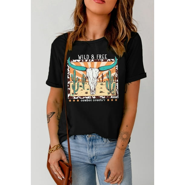 ABPHQTO Camiseta negra con estampado gráfico del oeste de WILD & FREE Cowboy Country para mujer