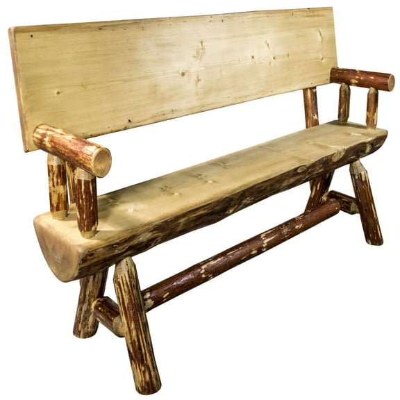 Glacier Country Collection Half Log Bench w/ Back & Arms, Exterior Stain Finish, 45 Inch