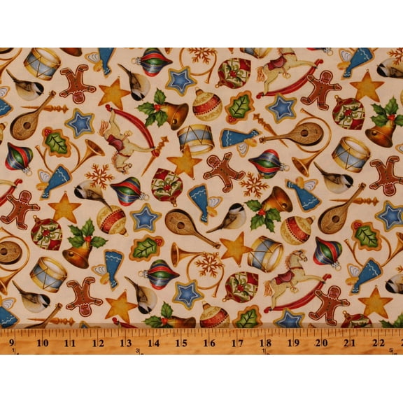 Cotton Ornaments Toys Christmas Stocking Presents O Tannenbaum Cream Cotton Fabric Print by the Yard (1649-27718-E)