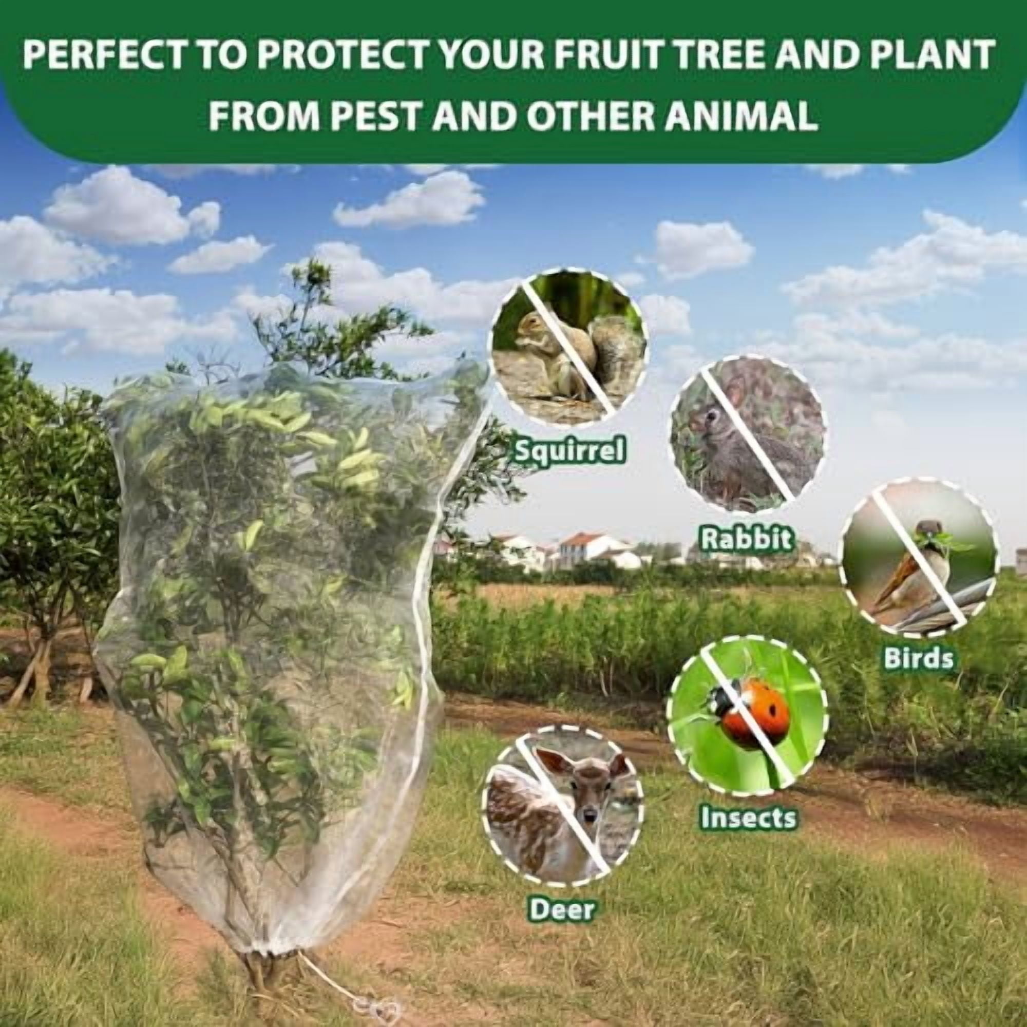 Fruit Tree Netting Bags with Drawstring,Insect Bird Netting Pest Barrier for Garden Protection,Blueberry Bushes Netting Cover for Protect Plant Flower from Cicadas Bug (4.9 x 3.3 FT - 6 Pack)