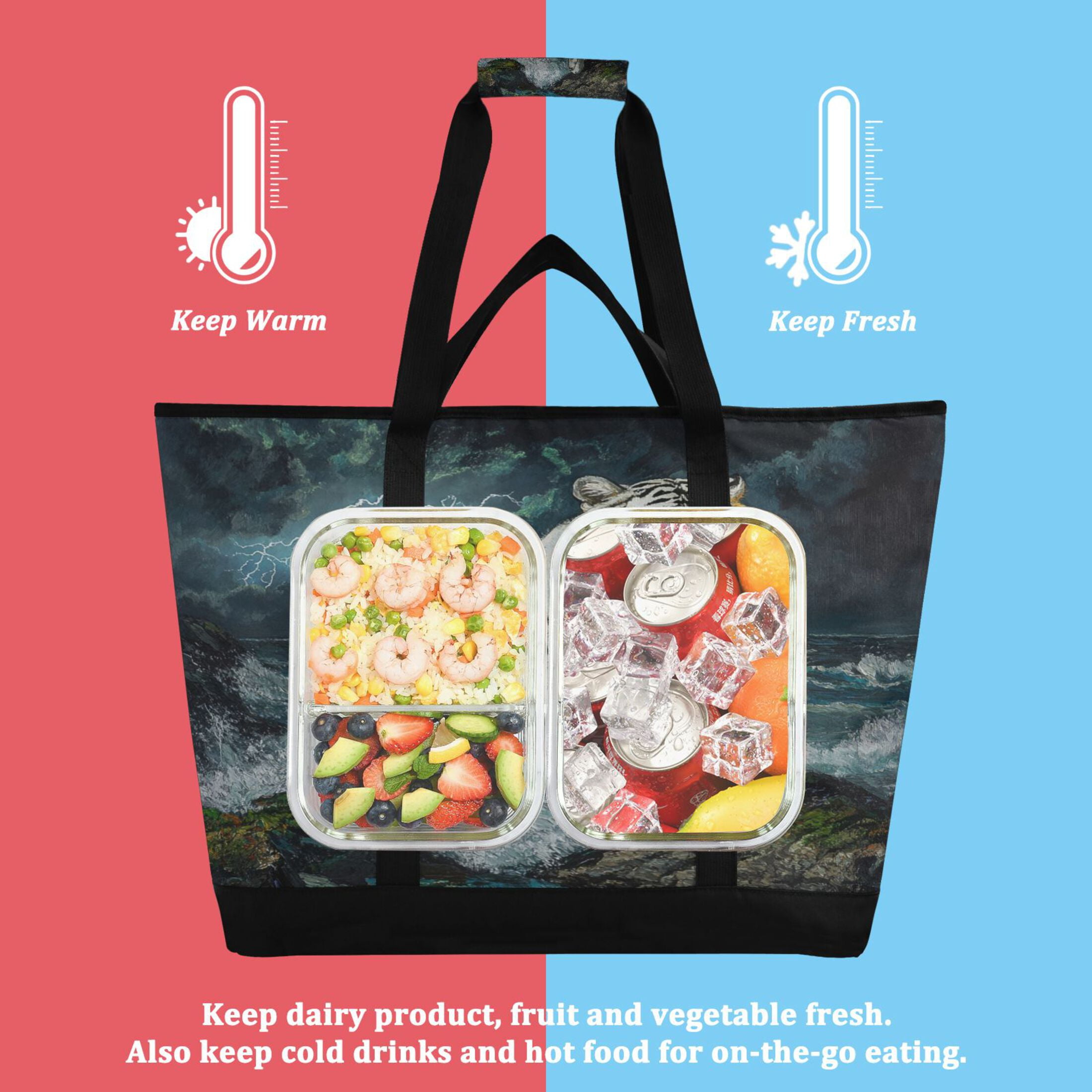 Large Hand-held Ice Pack Picnic Bag Insulation and Refrigeration Suitable for Shopping Picnics and Camping The Tiger by The Sea