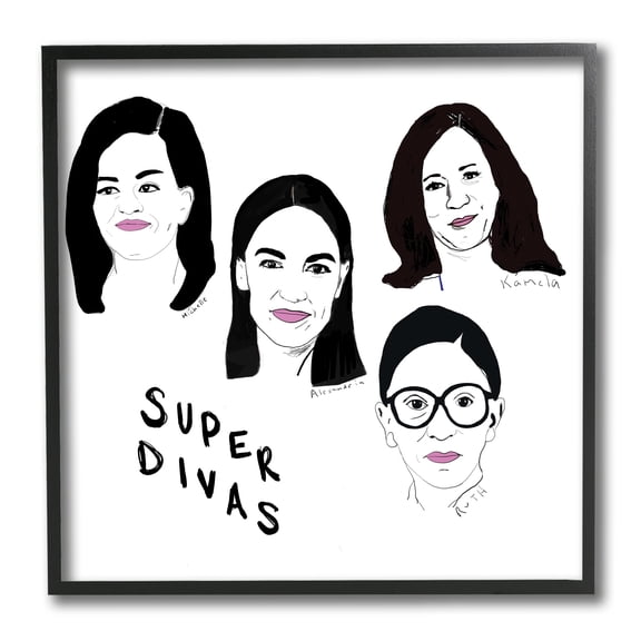 Stupell Industries Super Divas Phrase Prominent Female Political Figures Novelty Painting Black Framed Art Print Wall Art, 12 x 12