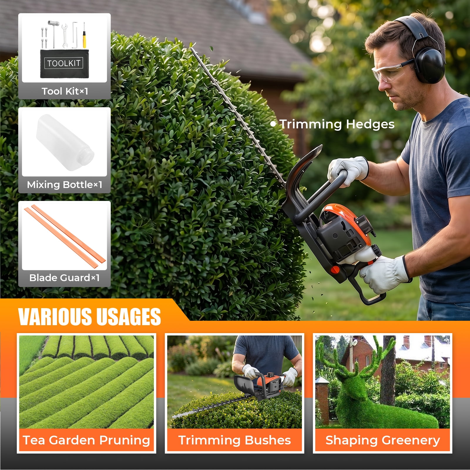 24-Inch 26cc 2 Cycle Gas Hedge Trimmer, Dual Sided Blade,Lightweight Ideal for Trimming Shrubs and Bushes