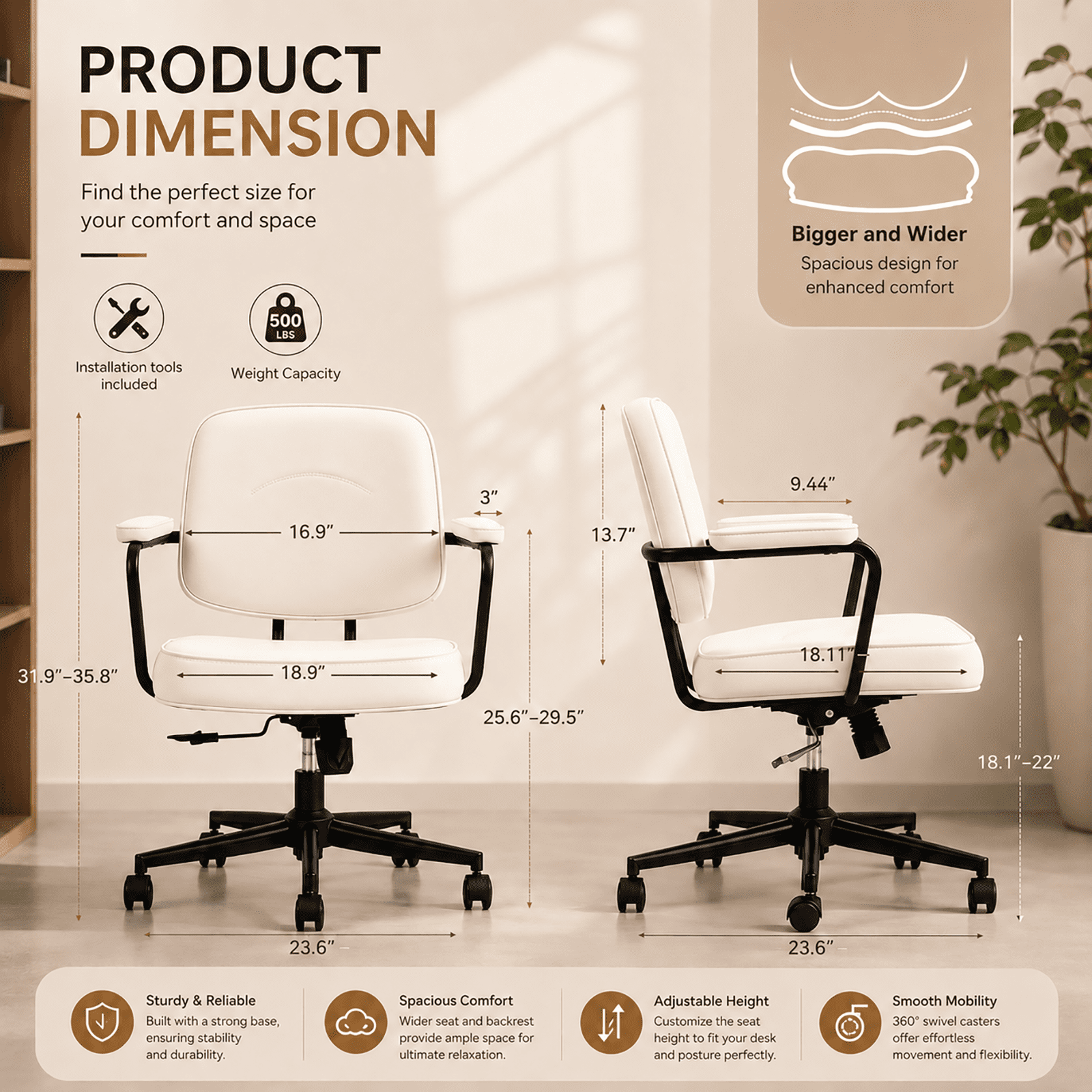 Ergonomic Office Chair, PU Leather Executive Desk Chair with Fixed Armrests, Adjustable Height, Rocking Function, 360° Swivel Rolling Wheels Beige