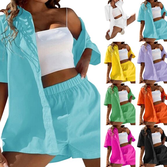 JIAYUE Women's 2 Piece Outfit Sets Vacation Fashion Casual Short Sleeve Button Lapel Solid Color Top And Summer Elastic Waist Shorts Comfortable Loose Clothing Set