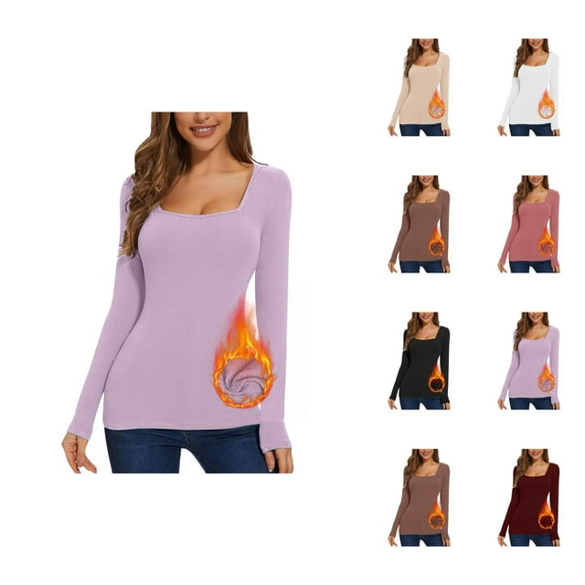 Long Sleeve Shirts for Women 2026 Fall Winter Basic Square Neck Fitted Breathable Undershirt T Shirts