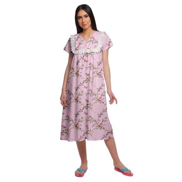 Moomaya Printed WoMen's Lace Neckline Nightdress Short Sleeve Nightwear