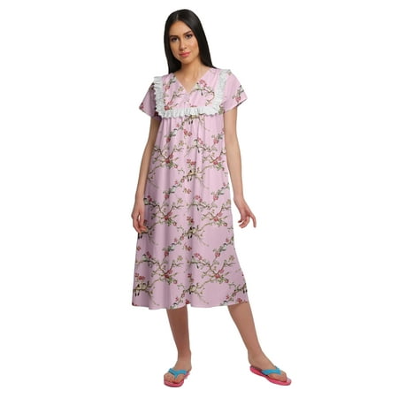 

Moomaya Printed WoMen s Lace Neckline Nightdress Short Sleeve Nightwear