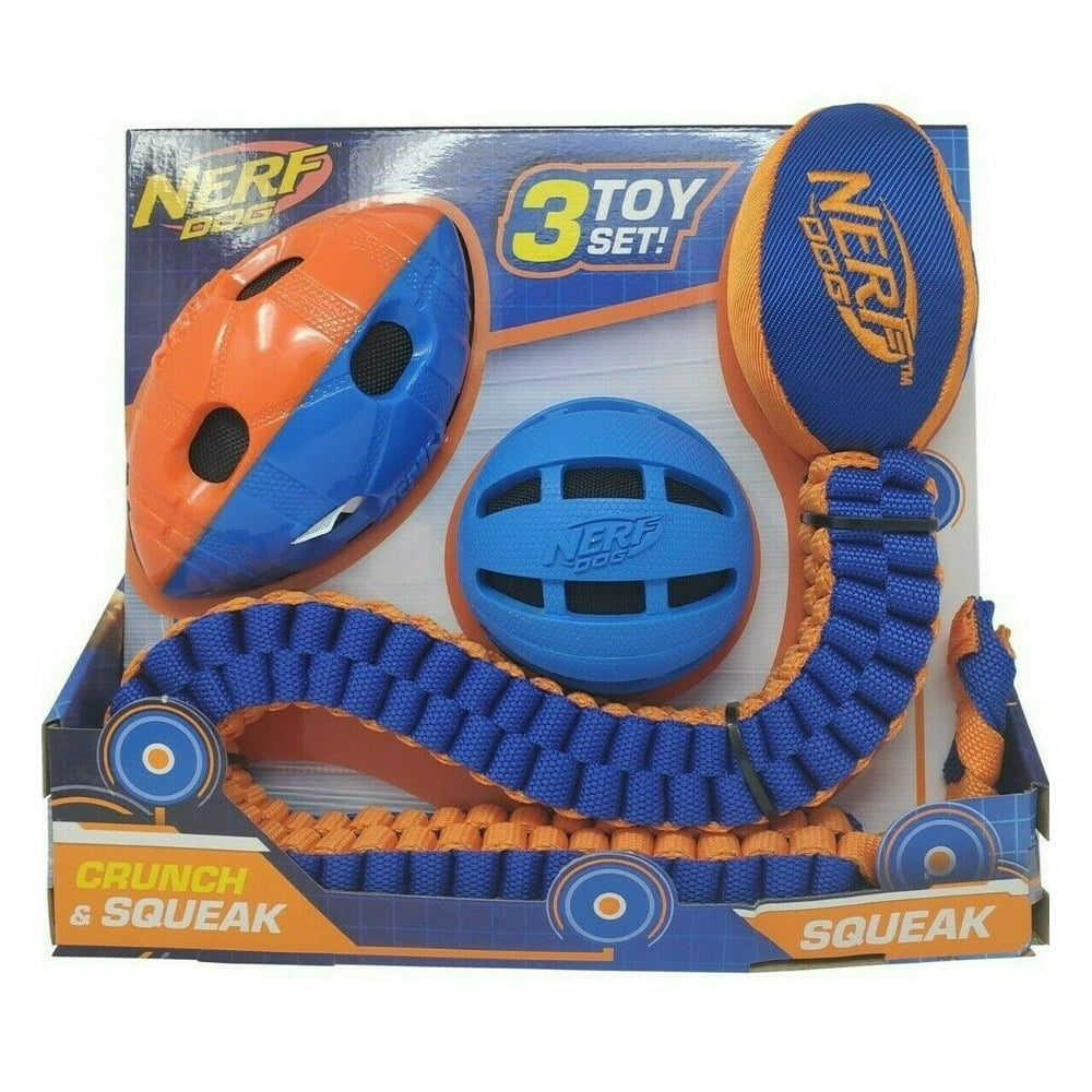 Nerf Dog Crunch & Squeak Ball, FootBall & Tuff Tug 3 Toy Set