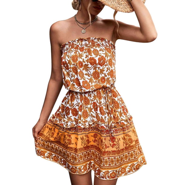 Vestido corto con estampado floral para mujer, suave, elegante, con dobladillo suelto, sin tirantes, con hombros descubiertos, para fiestas, compras, color naranja M