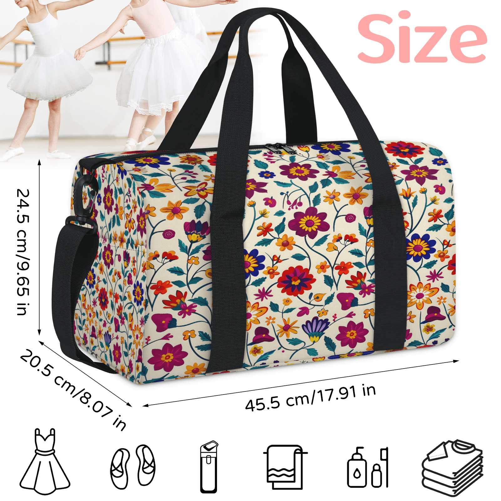 Herdesigns Mexico Floral Colorful Ornate Ethnic Gym Bag for Women, Duffle Bag for Travel Sport, Lightweight Waterproof Carry on Weekender Overnight Dance Yoga Workout Bags
