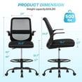 thumbnail image 3 of JONPONY 500LBS Office Drafting Chair, Tall Office Chair with Adjustable Lumbar Support & Footrest Ring and Flip-Up Arms, Comfy Thicken Cushion, Breathable Mesh Standing High Desk Chair, Black, 3 of 8