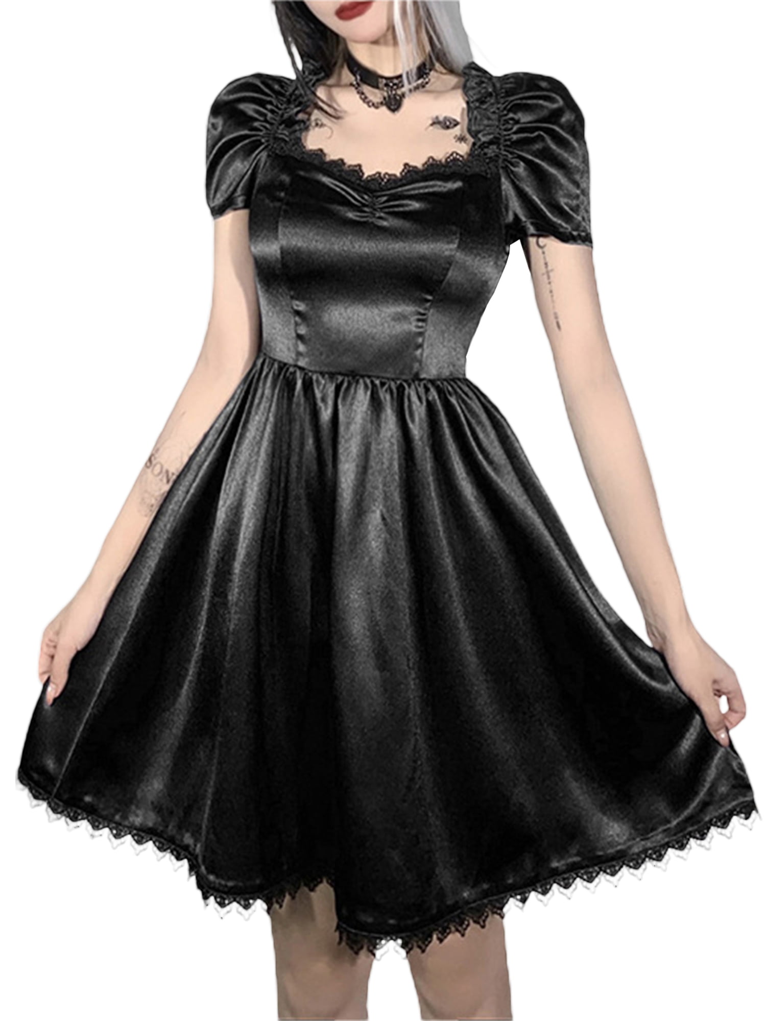Black Gothic Lace Suede V-Neck Lace Up Cross Pendant Club Party Prom Cami Dress 