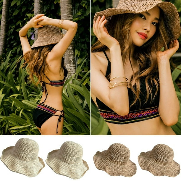 Honganda Women Summer Hot Sun Straw Hat Wide Brim Beach Travel Foldable Cap Other