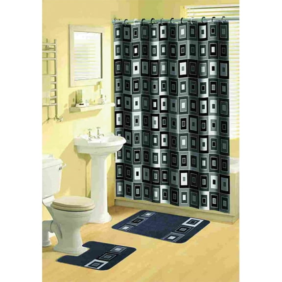Modern Black Multi Squares15 Pcs Bathroom Shower Curtain with Hooks Bath Rug Set