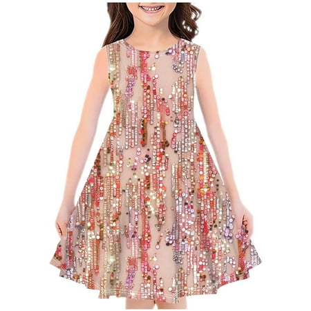 Fashion Girls Summer New Sleeveless Round Neck Printed Dress Discount Halloween Gifts Pink