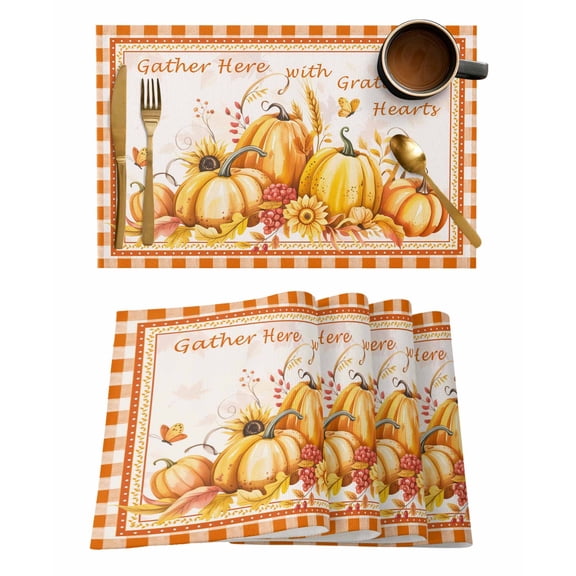 Thanksgiving Text Placemats Set of 12 Retro Fall Pumpkins Orange Plaid Heat Insulation Washable Place Mats, Rustic Non-Slip Table Mats for Dining Table Party Kitchen Decor,13x19 Inch