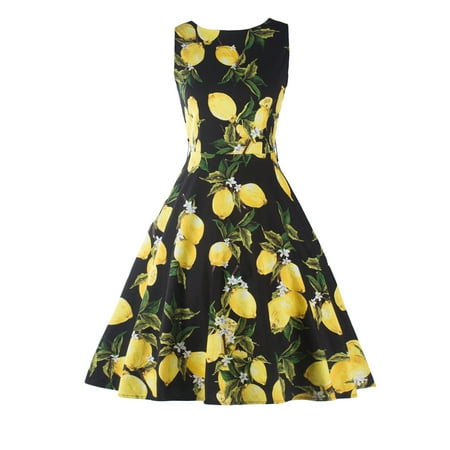 - Women Vintage 1950s Cocktail Party Floral Swing Dress Lemon Print Summer Sleeveless Retro Rockabilly Prom Pin up Dresses