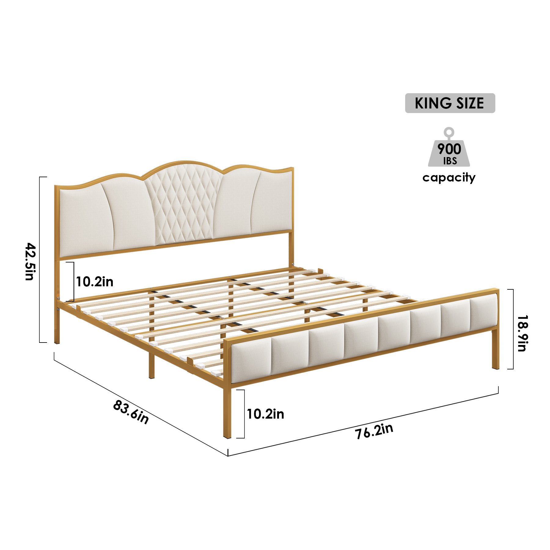 Homfa King Size Metal Bed Frame, Modern Linen Fabric Upholstered Platform Bed Frame with Tufted Headboard, Beige and Gold - image 2 of 10