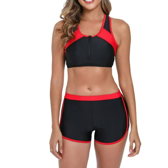 Staron Women's Two Piece Swimsuit Color Block Bikini Set High Waist Halter Crop Top and Bottoms Surfing Sports Beach Vacation Swimwear, Red XXL