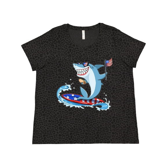 Inktastic Fourth of July Shark Surfing Women's Plus Size T-Shirt