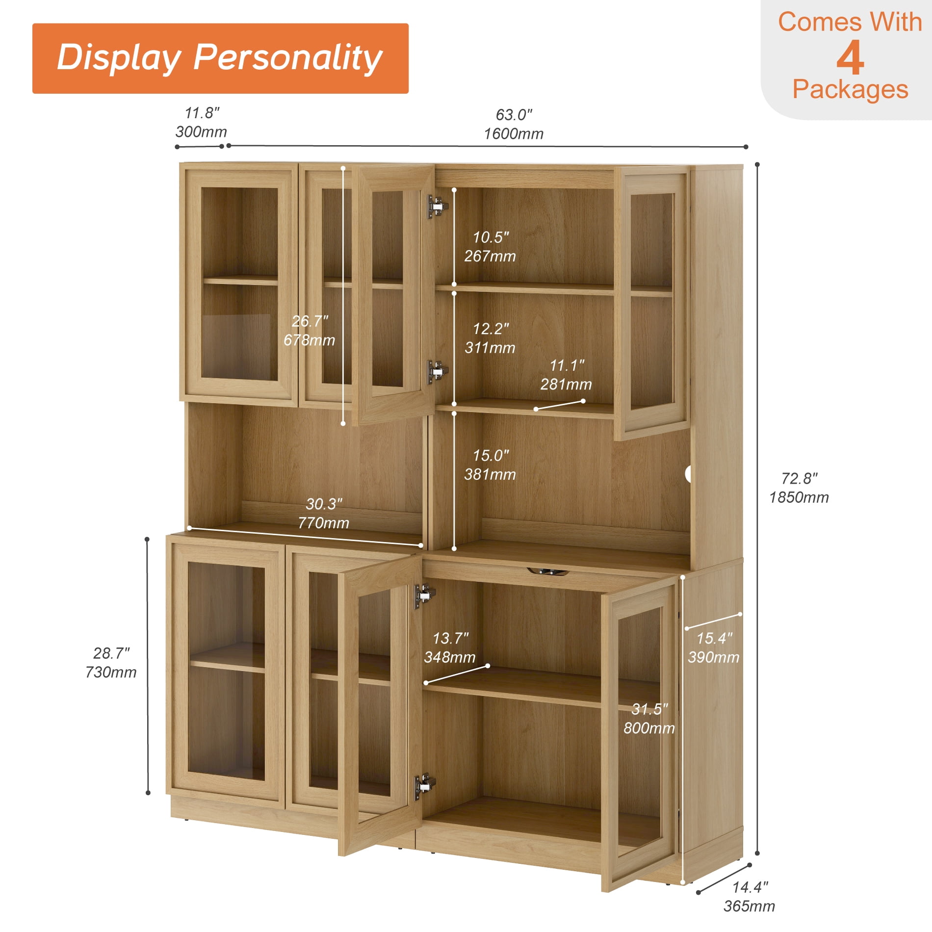 72" Tall Modern Sideboard Buffet Cabinet, Glass Door Storage Cabinet with Adjustable Shelves, Layered Wood Console Cabinet for Dining Room,Living Room, Entryway,Oak