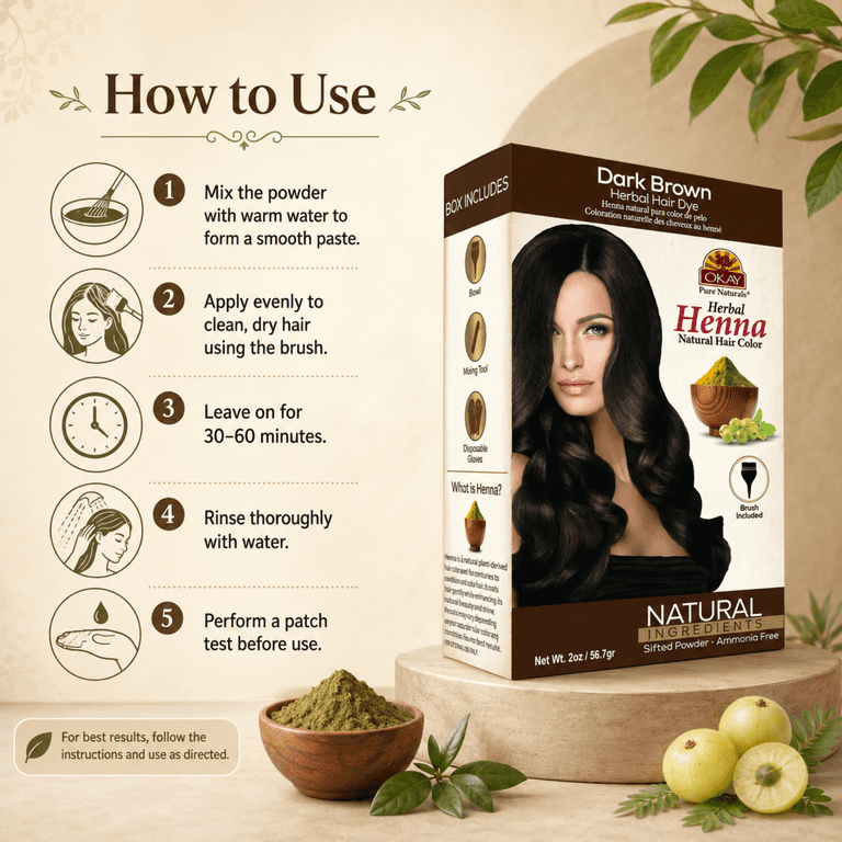 OKAY Pure Naturals Herbal Henna Hair Color, Dark Brown, Natural