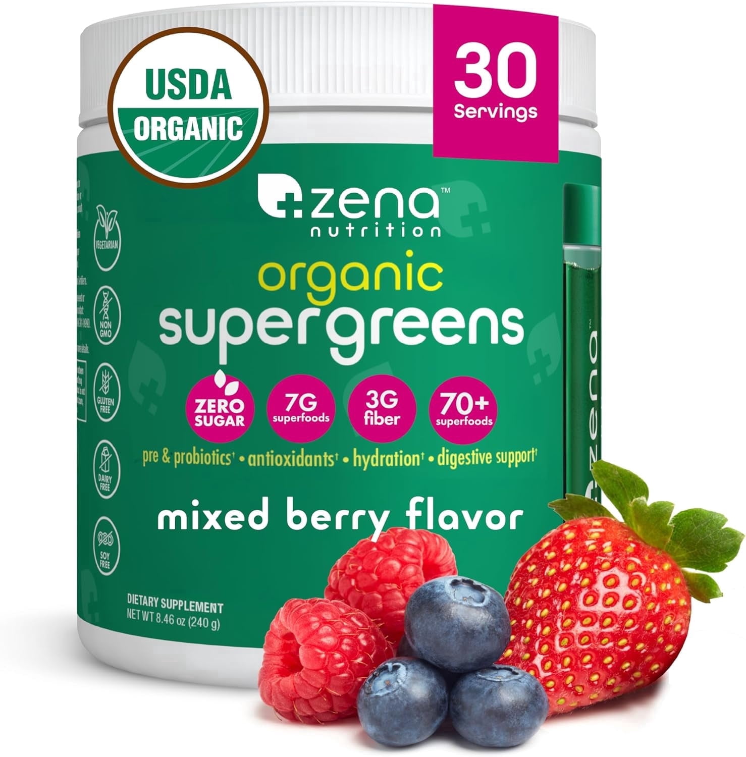 Zena Nutrition Organic Super Greens Powder, Mixed Berry, Superfood