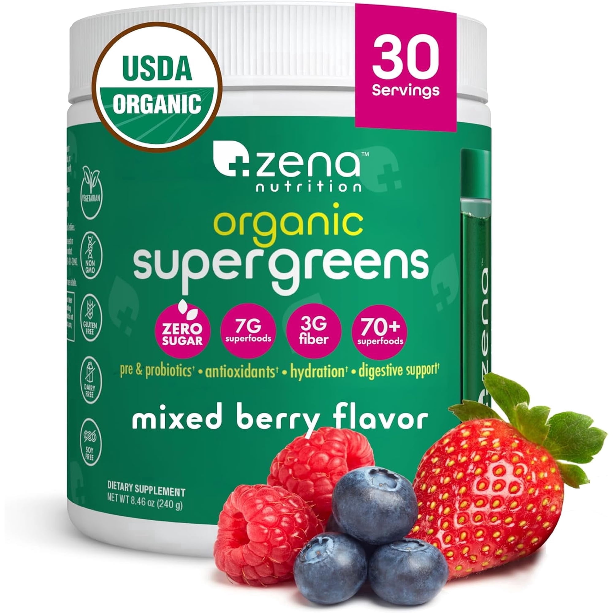 Zena Nutrition Organic Super Greens Powder Tub, Mixed Berry, 0 Sugar, 3G Fiber, Superfoods, 30 Servings