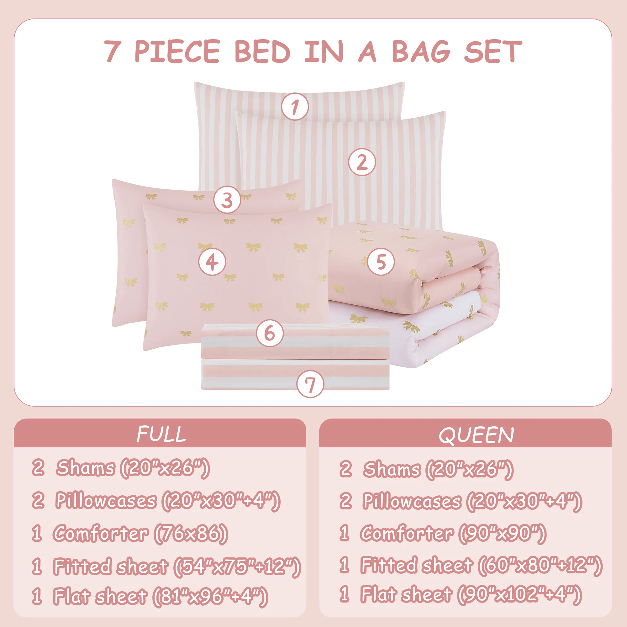 Amberspace gold foil Design 7-piece Bed in a Bag Comforter Set with Sheets,Pink/Bow Knot,Full
