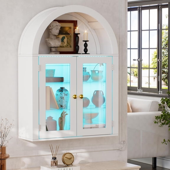 PakaLife Modern Arched Wall Cabinet with Led Light & Glass Door, Wooden Medicine Cupboard White Cabinet for Bathroom with Adjustable Shelf, Black Oak