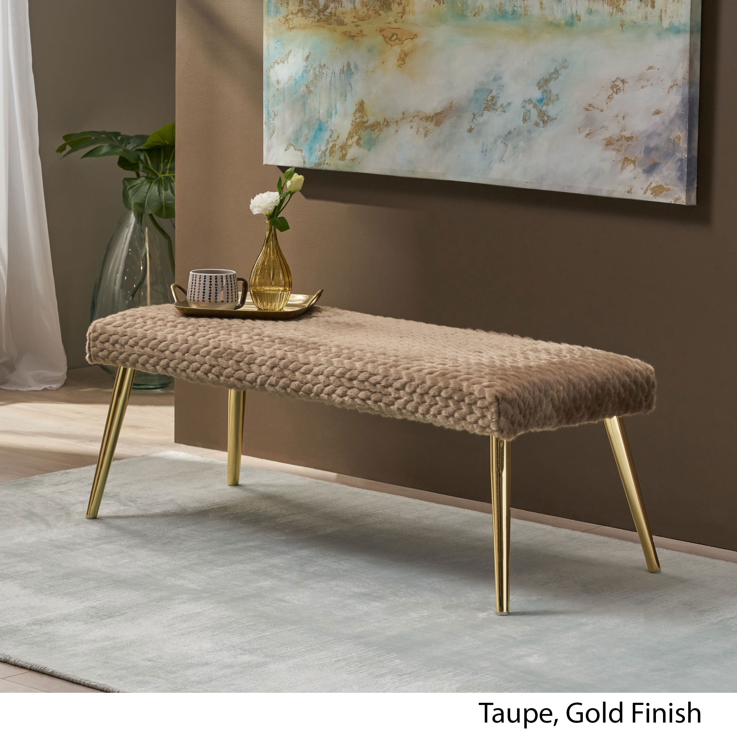Noble House Arthur Patterned Faux Fur Bench, Taupe and Gold Finish