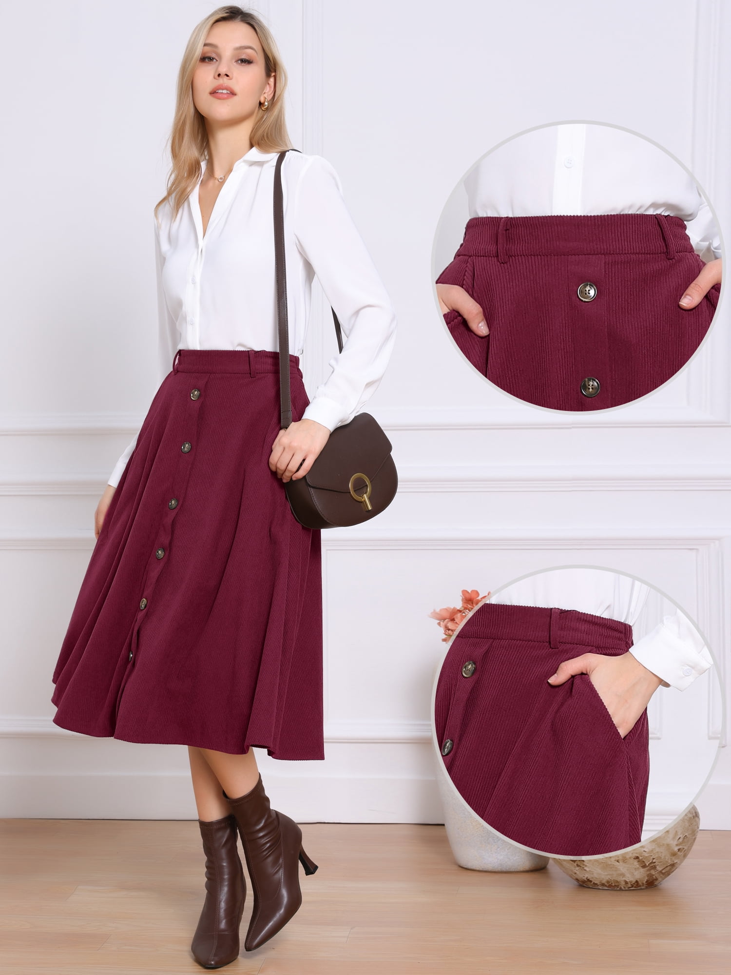 DARING DIVA Women's High Waist A Line Midi Skirts with Pockets Medium Burgundy