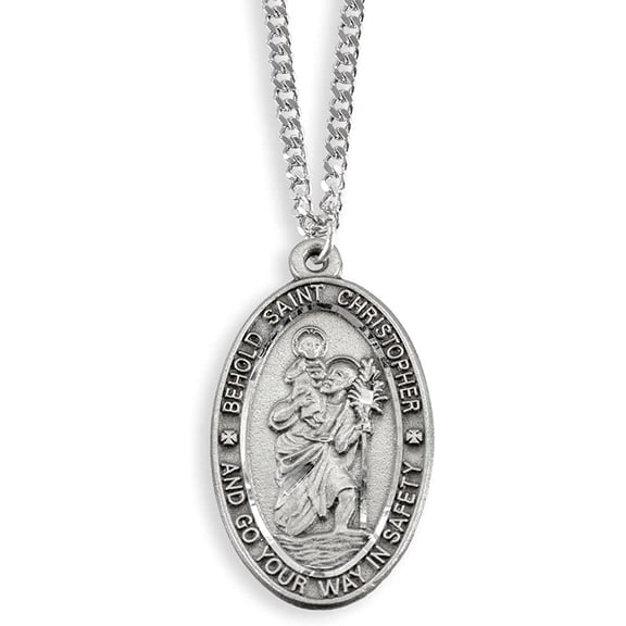WJH Saint Christopher Pewter Travel Pendant on 24 Inch Stainless Steel Chain Gift St Christopher Oval