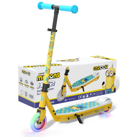 MIHOVER Minion Collab Kids Electric Scooter with LED Lights & Adjustable Handlebar, Electric Scooter for Kids Ages 6-12