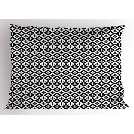European Pillow Shams Fleur De Lis Pillow Sham Checkerboard Pattern Rectangles European Heraldic Design Monochrome Emblem, Decorative Standard Size Printed Pillowcase, 26 X 20 Inches, Black White, by Ambesonne ()