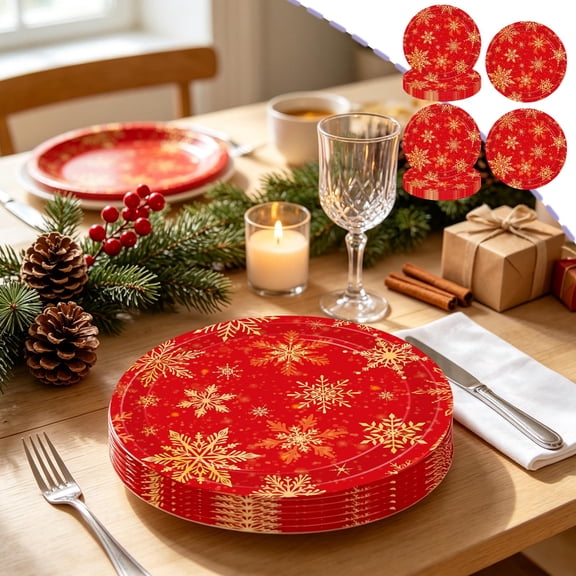 Christmas Snowflake Paper Plates 16 Pack - 9 Inch Red Disposable Dinnerware for Main Course, Holiday Party Table Decor Supplies