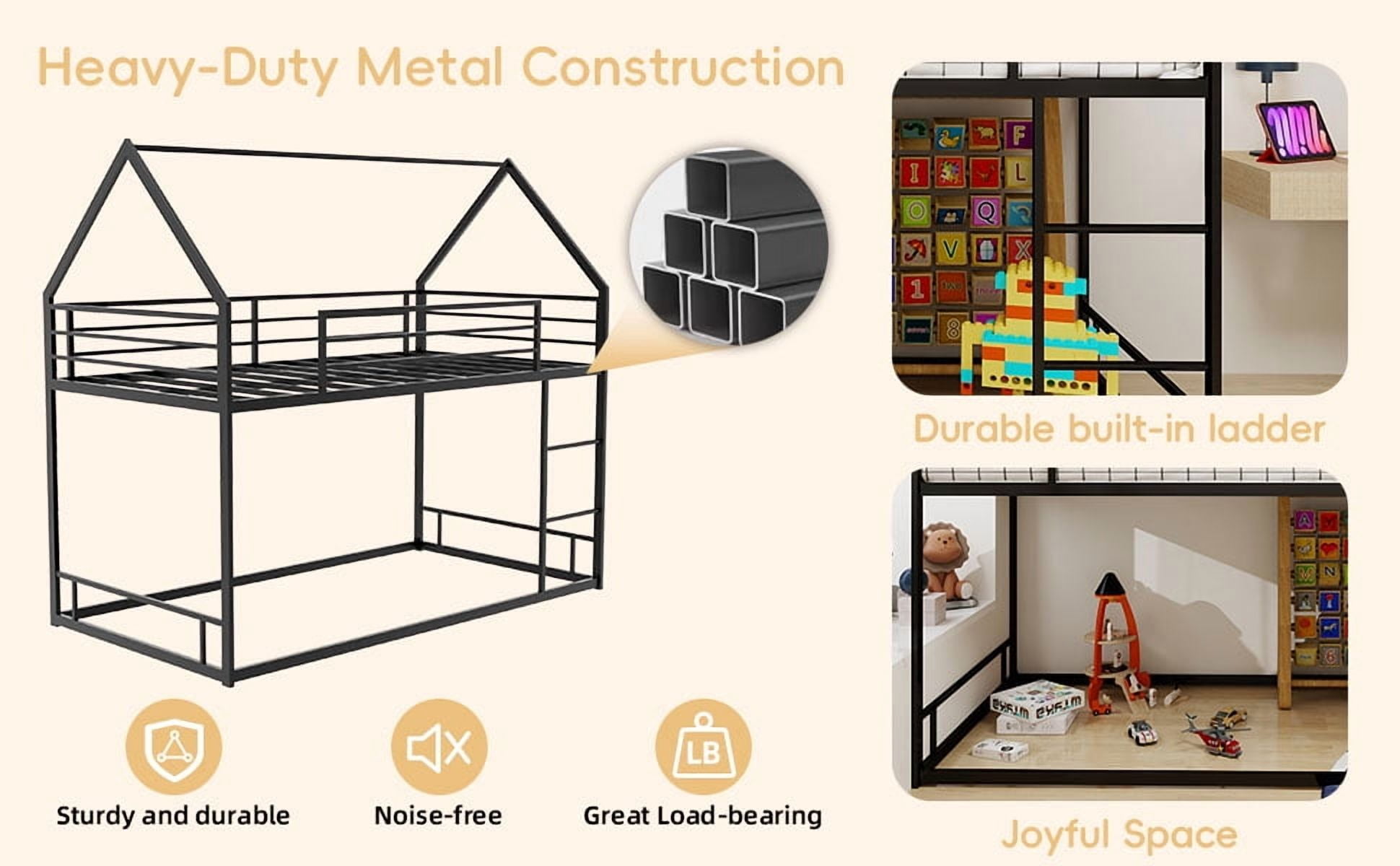 Yoneston Kids Twin Over Twin House Bunk Bed, Metal Twin Size Bunk Bed with Full-Length Guardrail and Ladder for Boys Girls Teens, Easy Assembly, Black