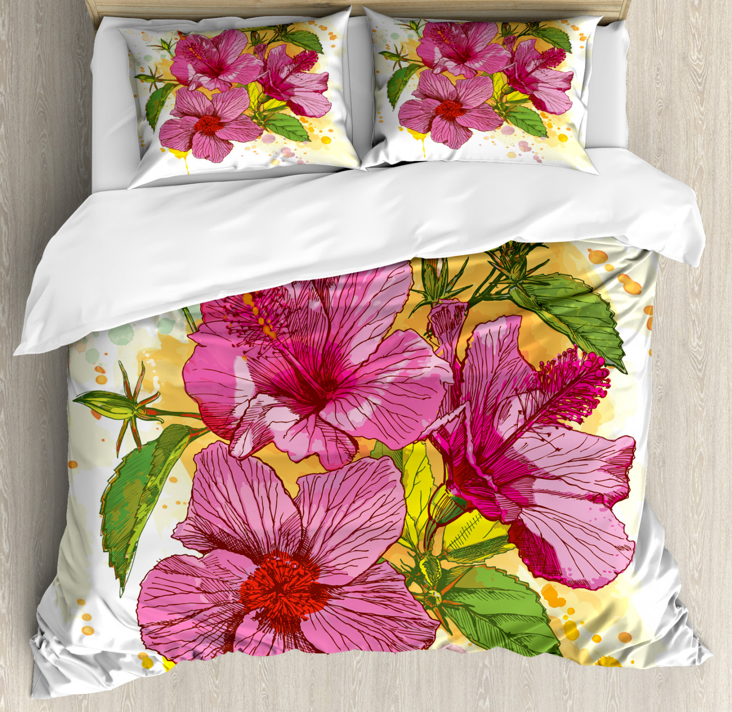 Floral Duvet Cover Set King Size, Vibrant Hibiscus Flower Bouquet