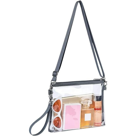 Transparent PVC 215x275x2mm Small Stadium Approved Crossbody Bags Rectangle See Through Gray Handbag Clear Waterproof Shoulder Purse with 53cm Adjustable Strap for Women Traveling Sports Concerts