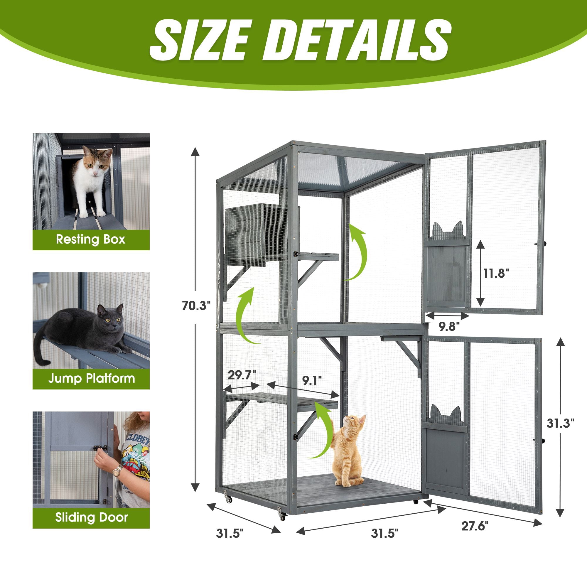 Pefilos 70" Outdoor Wood Cat House, 3 Floors Cat Enclosure Catio, Indoor Kitten Playpen with Resting Box, Cat Cage Waterproof Sunlight Roof, Gray