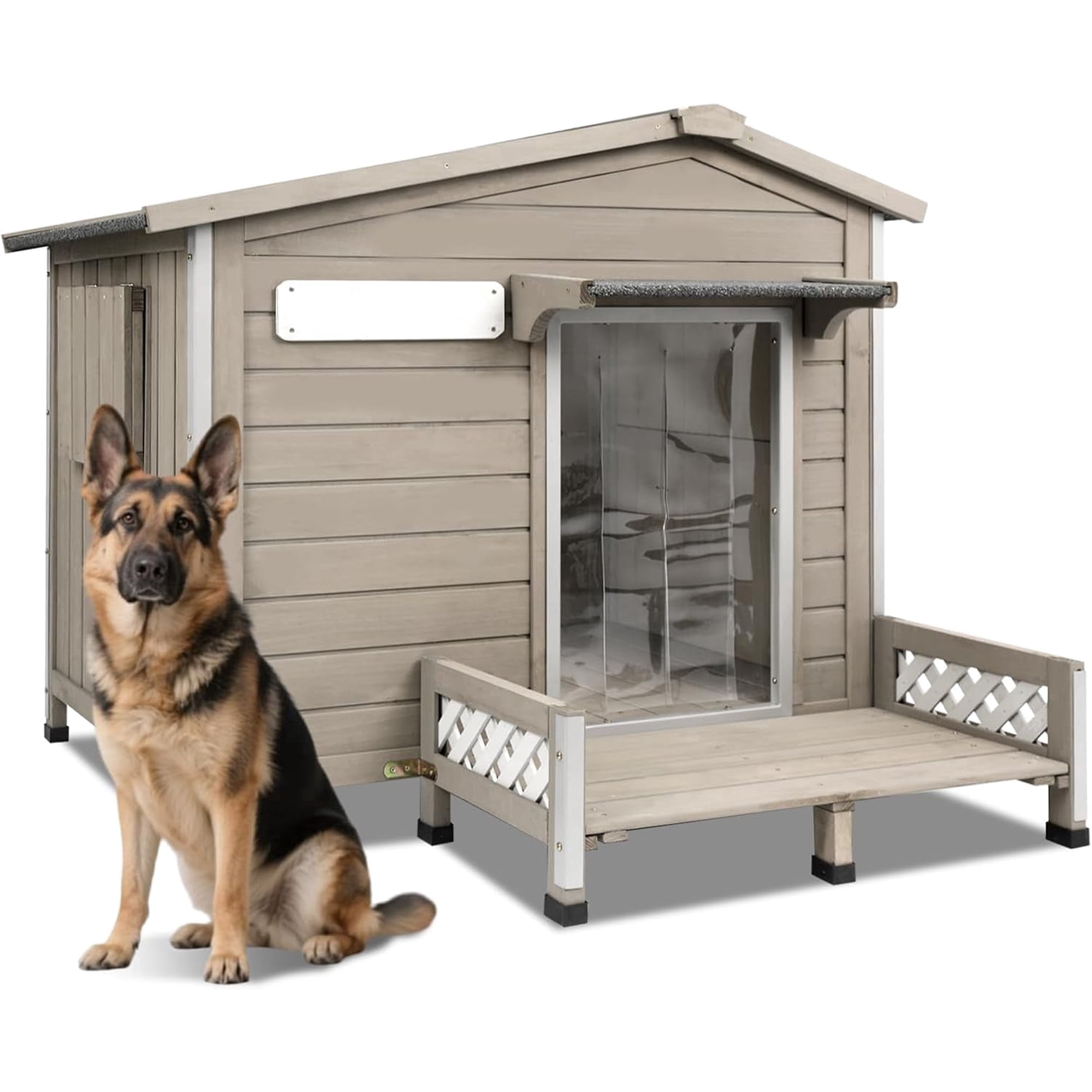 Petsblublu Large Wooden Outdoor Dog House with Porch，43.5" D x 29.5" W x 33.5" H